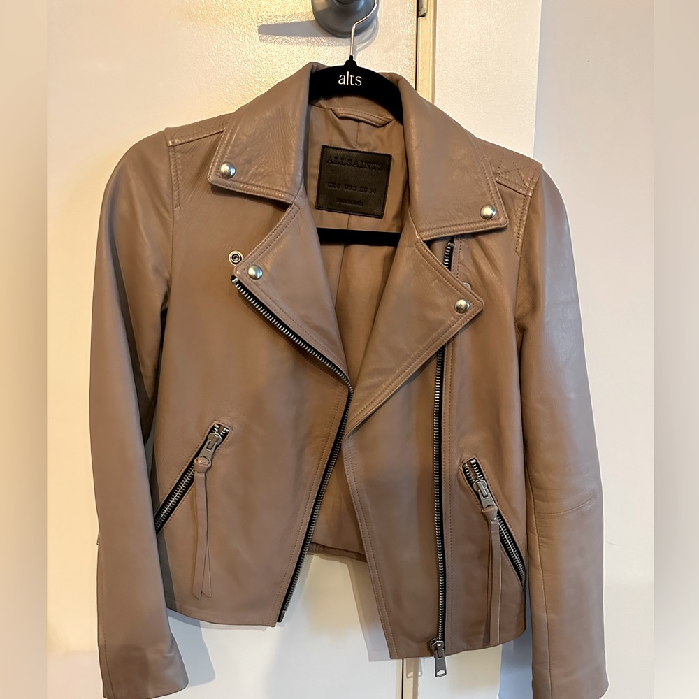 Allsaints Leather Dalby Biker Zip Up Pink Jacket Sz 2